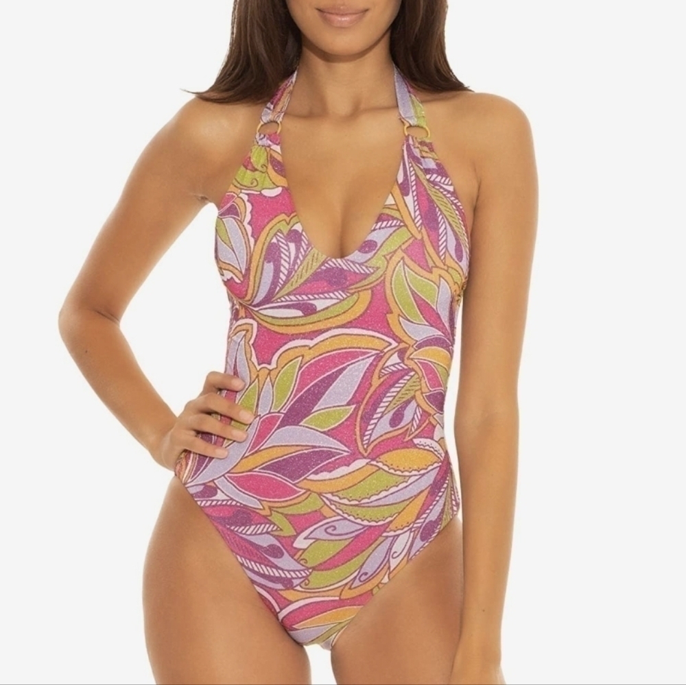 NWT Becca By Rebecca Virtue Psychedelica Nina U-Neck Sparkle One Piece Swim